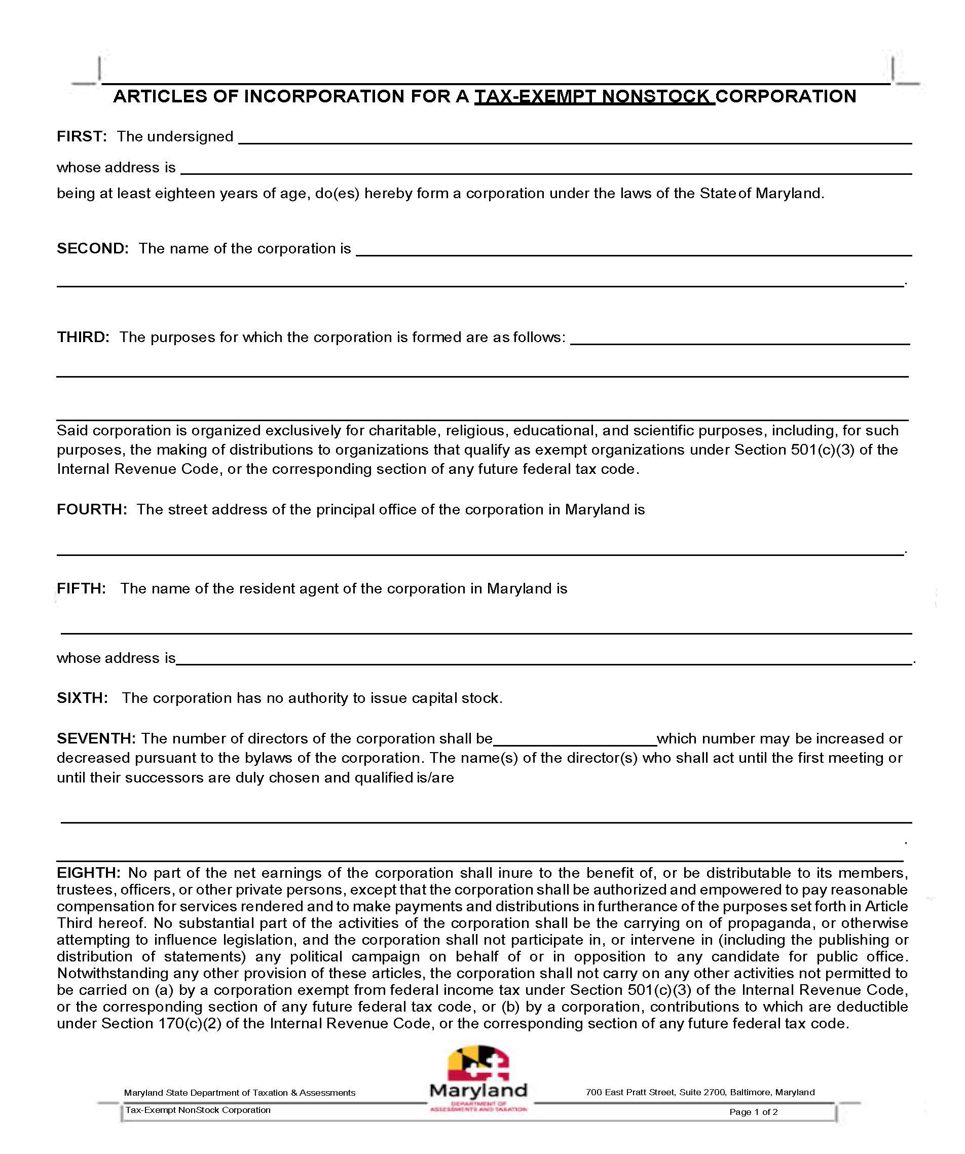 Articles Of Incorporation For A Tax Exempt  Nonstock Corporation | Pdf Fpdf Docx | Maryland