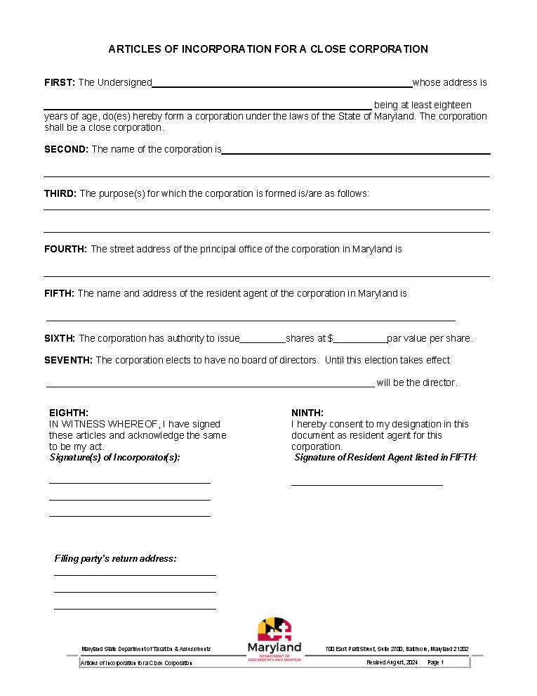 Articles Of Incorporation For Close Corporation | Pdf Fpdf Docx | Maryland