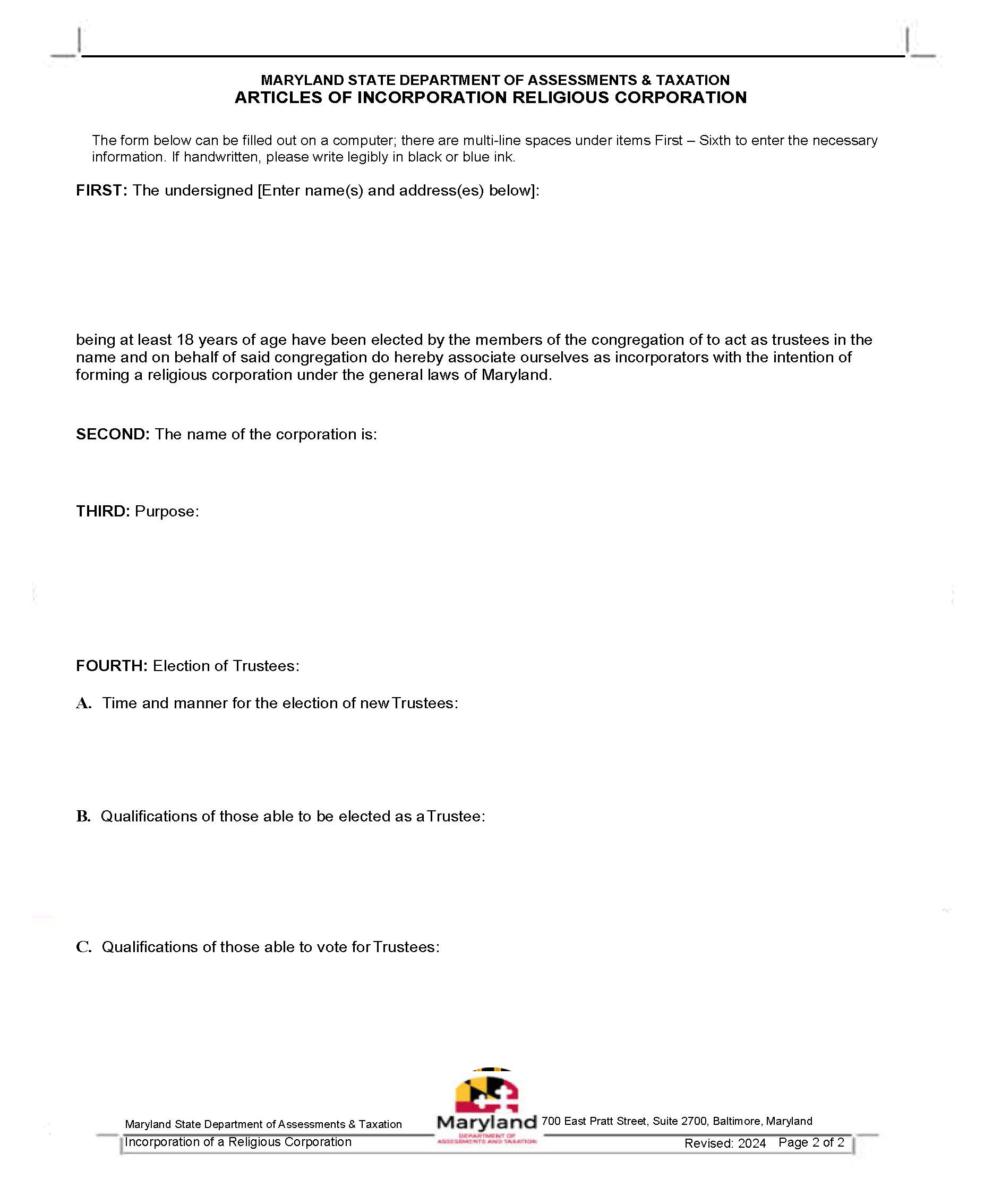 Articles Of Incorporation For Religious Corporation | Pdf Fpdf Docx | Maryland