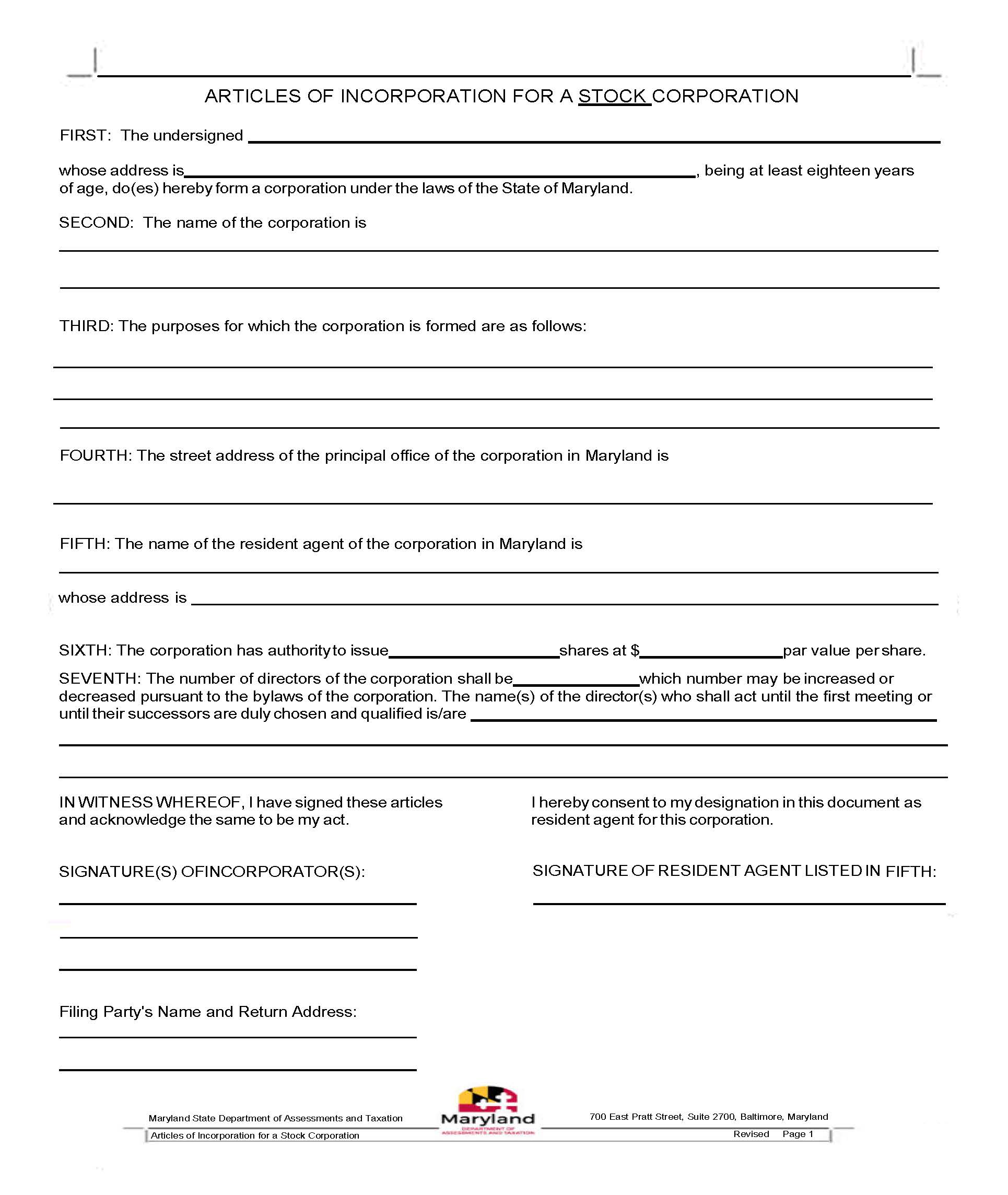 Articles Of Incorporation For Stock Corporation | Pdf Fpdf Docx | Maryland