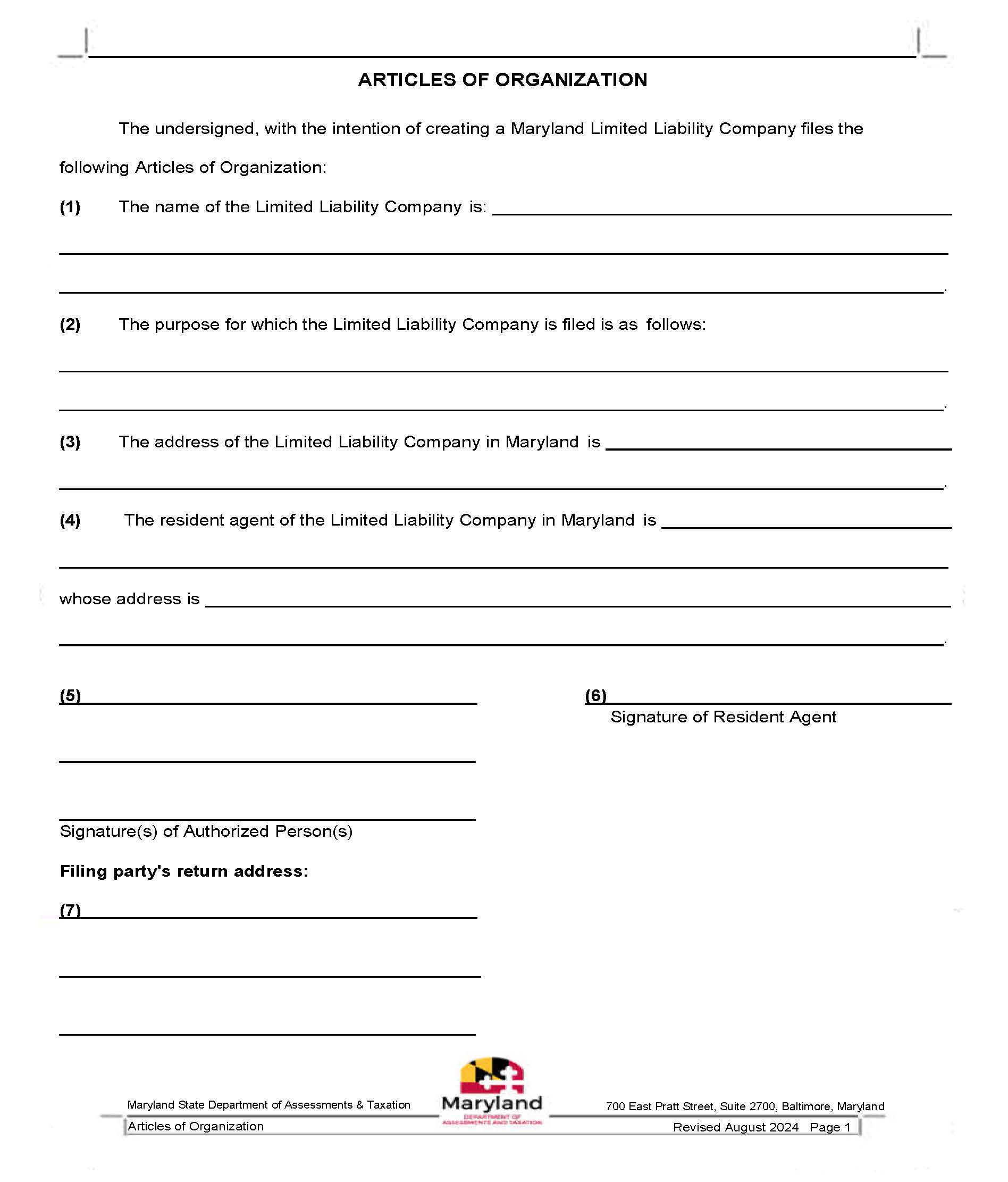 Articles Of Organization (Limited Liability Company) | Pdf Fpdf Docx | Maryland