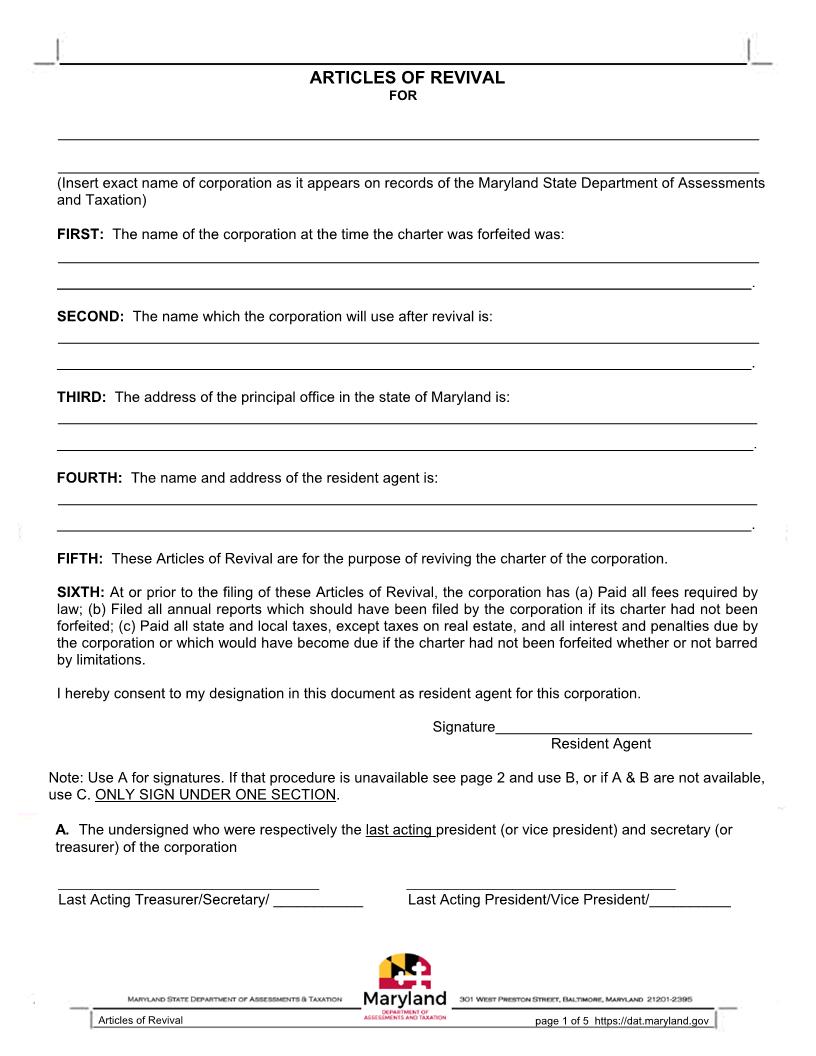 Articles Of Revival For Domestic Corporation | Pdf Fpdf Docx | Maryland