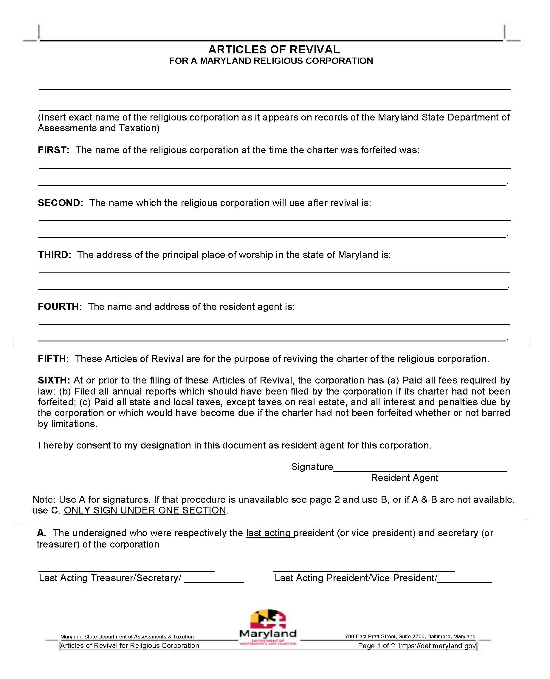 Articles Of Revival For Religious Corporation | Pdf Fpdf Docx | Maryland