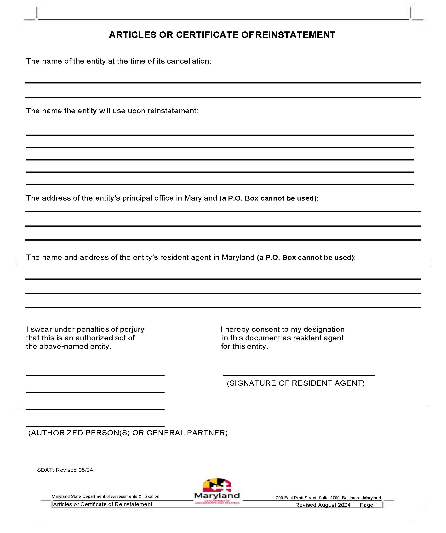 Articles Or Certificate Of Reinstatement (LLC LLP Or LP) | Pdf Fpdf Docx | Maryland