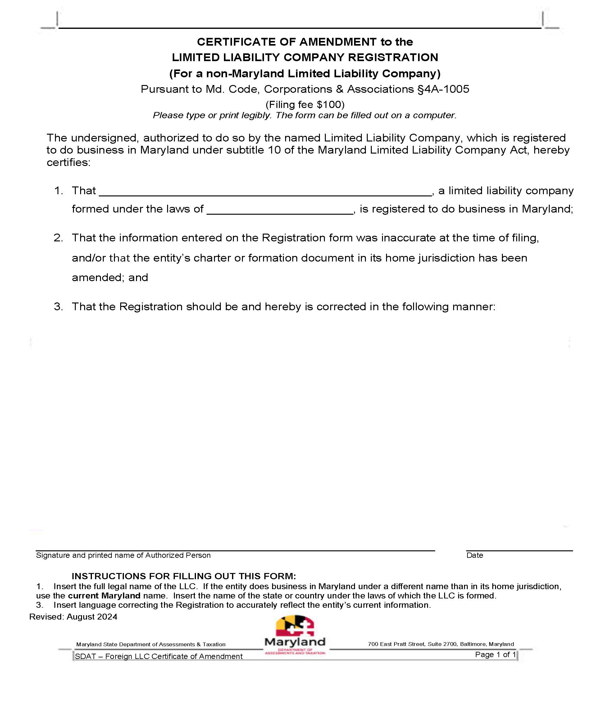 Certificate Of Amendment To The Limited Liability Company Registration (Foreign) | Pdf Fpdf Docx | Maryland