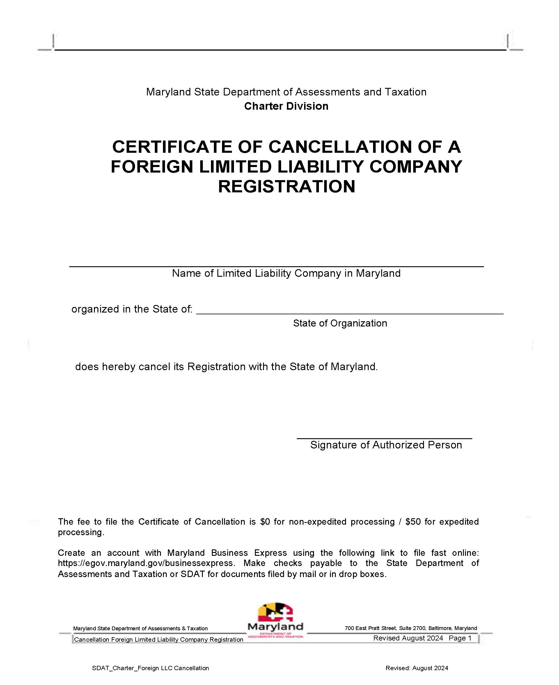 Certificate Of Cancellation Of A Foreign Limited Liability Company Registration | Pdf Fpdf Docx | Maryland