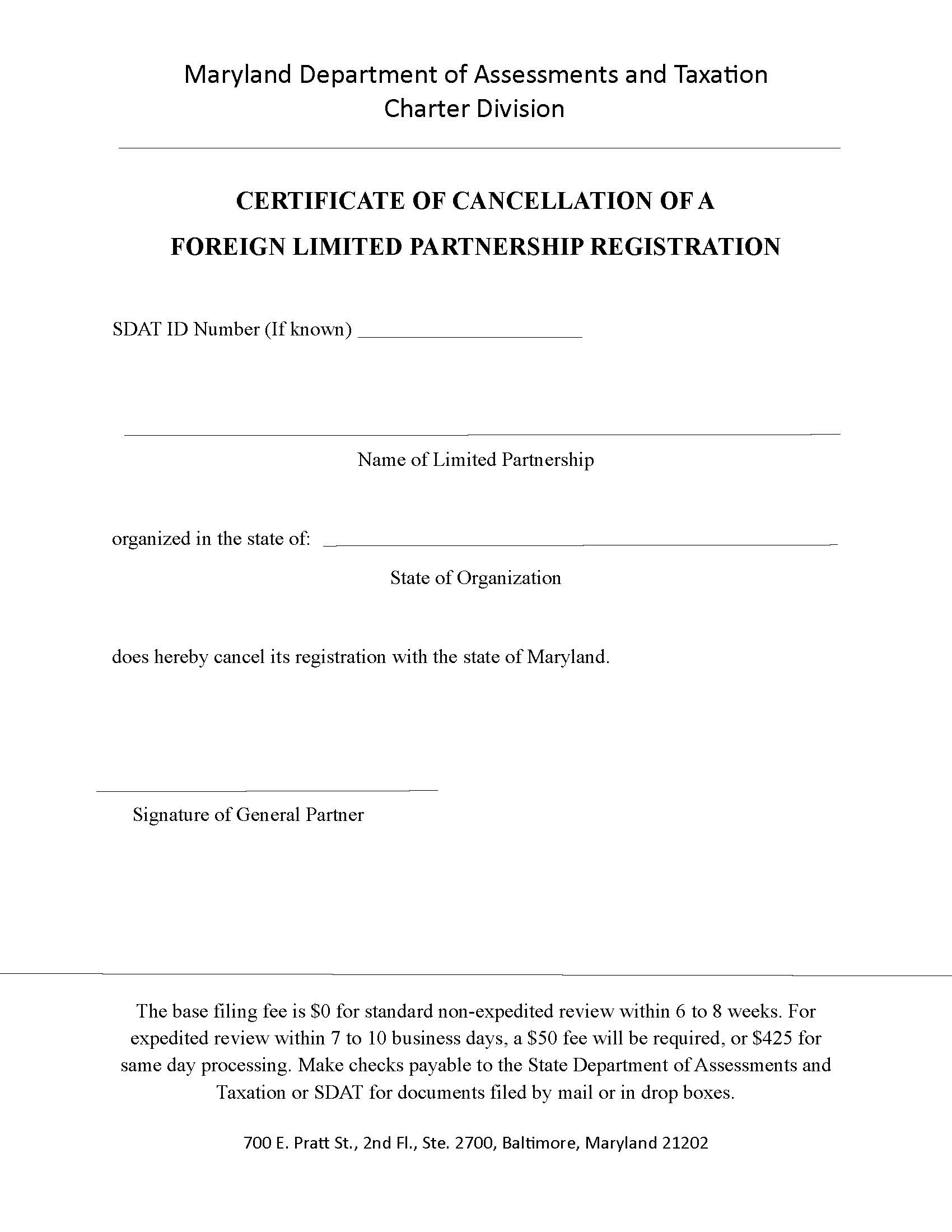 Certificate Of Cancellation Of A Foreign Limited Partnership Registration | Pdf Fpdf Docx | Maryland