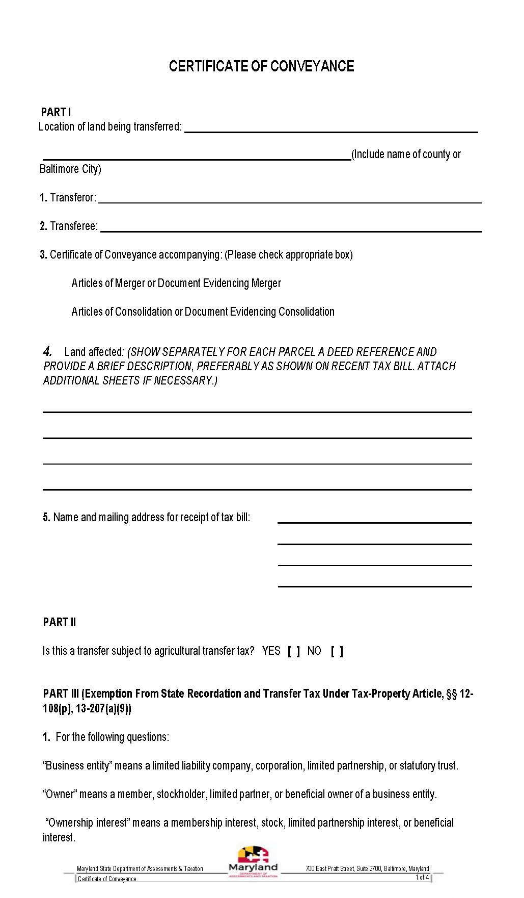 Certificate Of Conveyance | Pdf Fpdf Docx | Maryland