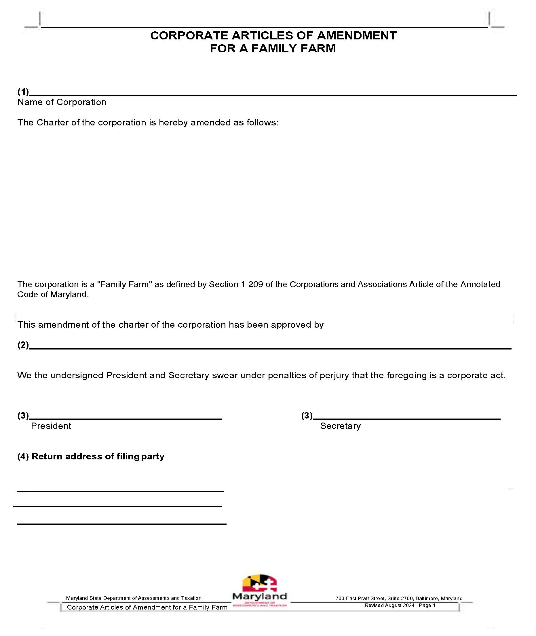 Corporate Articles Of Amendment For A Family Farm | Pdf Fpdf Docx | Maryland