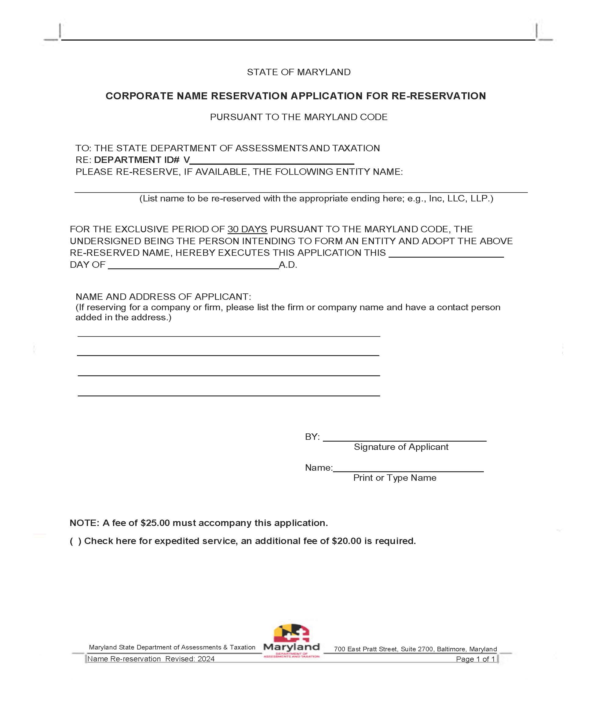 Corporate Name Reservation Application For Re Reservation | Pdf Fpdf Docx | Maryland