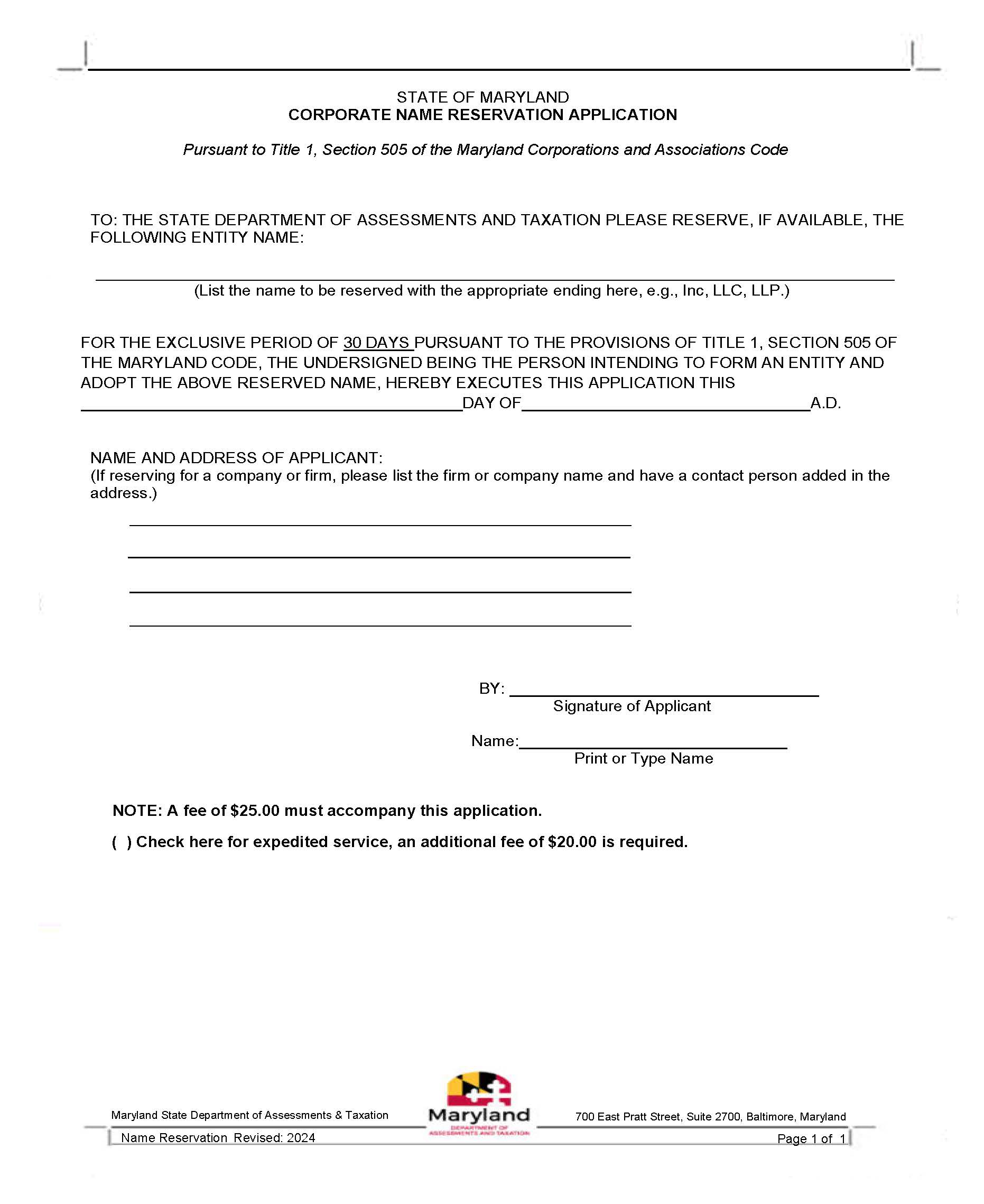 Corporate Name Reservation Application | Pdf Fpdf Docx | Maryland