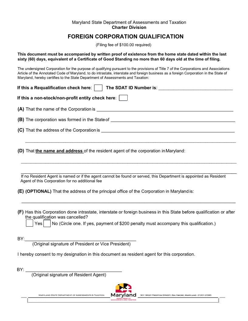 Foreign Corporation Qualification | Pdf Fpdf Docx | Maryland