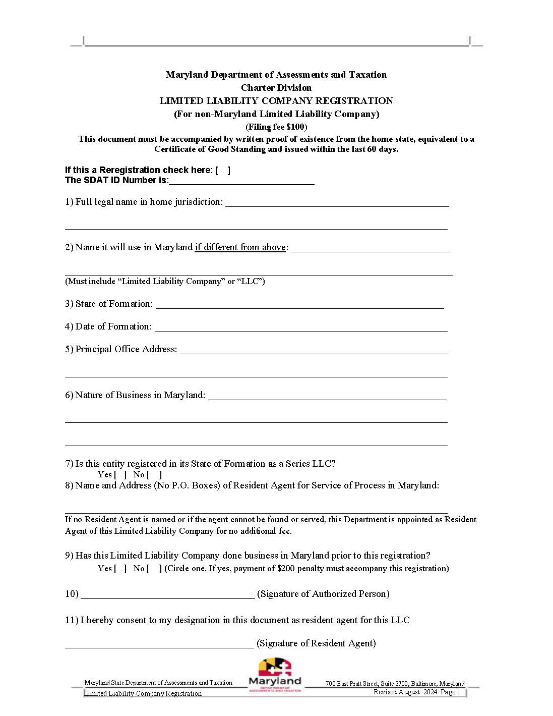 Limited Liability Company Registration (Foreign LLC) | Pdf Fpdf Docx | Maryland