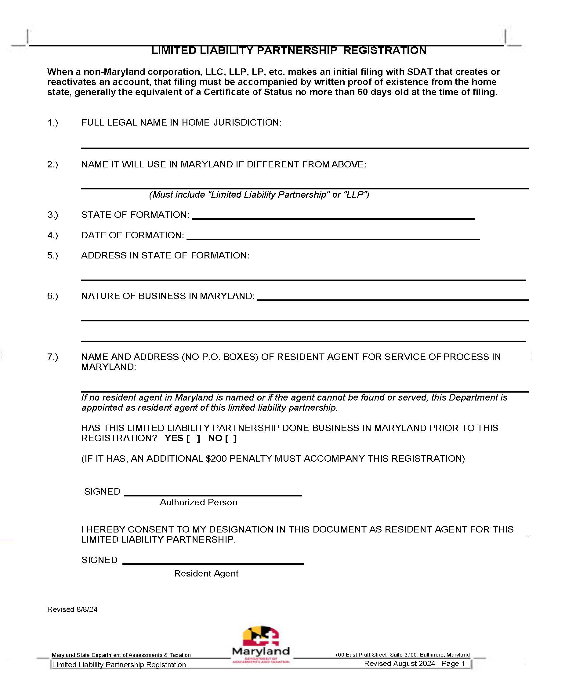 Limited Liability Partnership Registration (Foreign LLP) | Pdf Fpdf Docx | Maryland