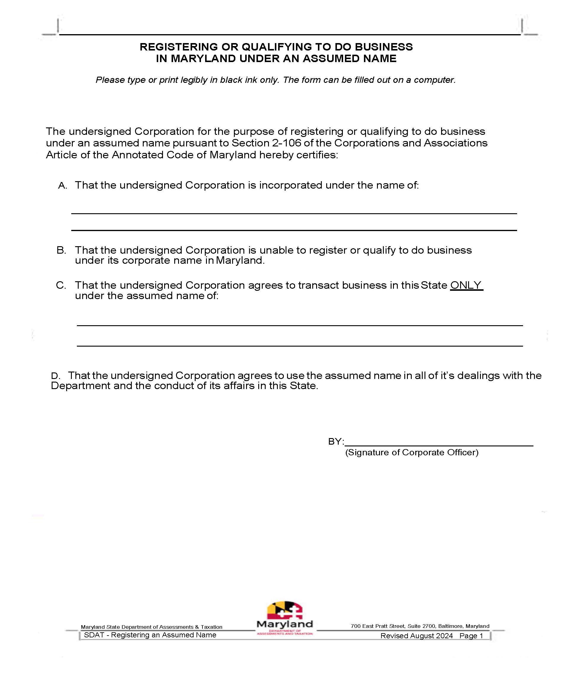 Registering To Do Business In Maryland Under Assumed Name  | Pdf Fpdf Docx | Maryland