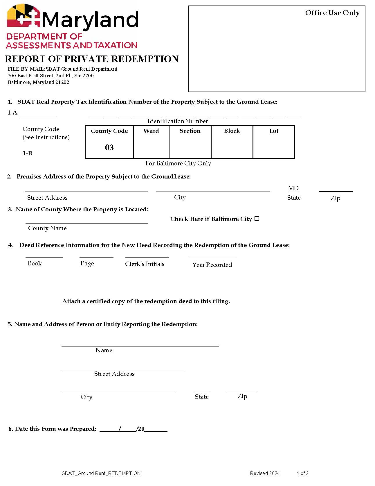 Reporting By The Home Owner Of The Redemption Of A Residential Ground Lease | Pdf Fpdf Docx | Maryland