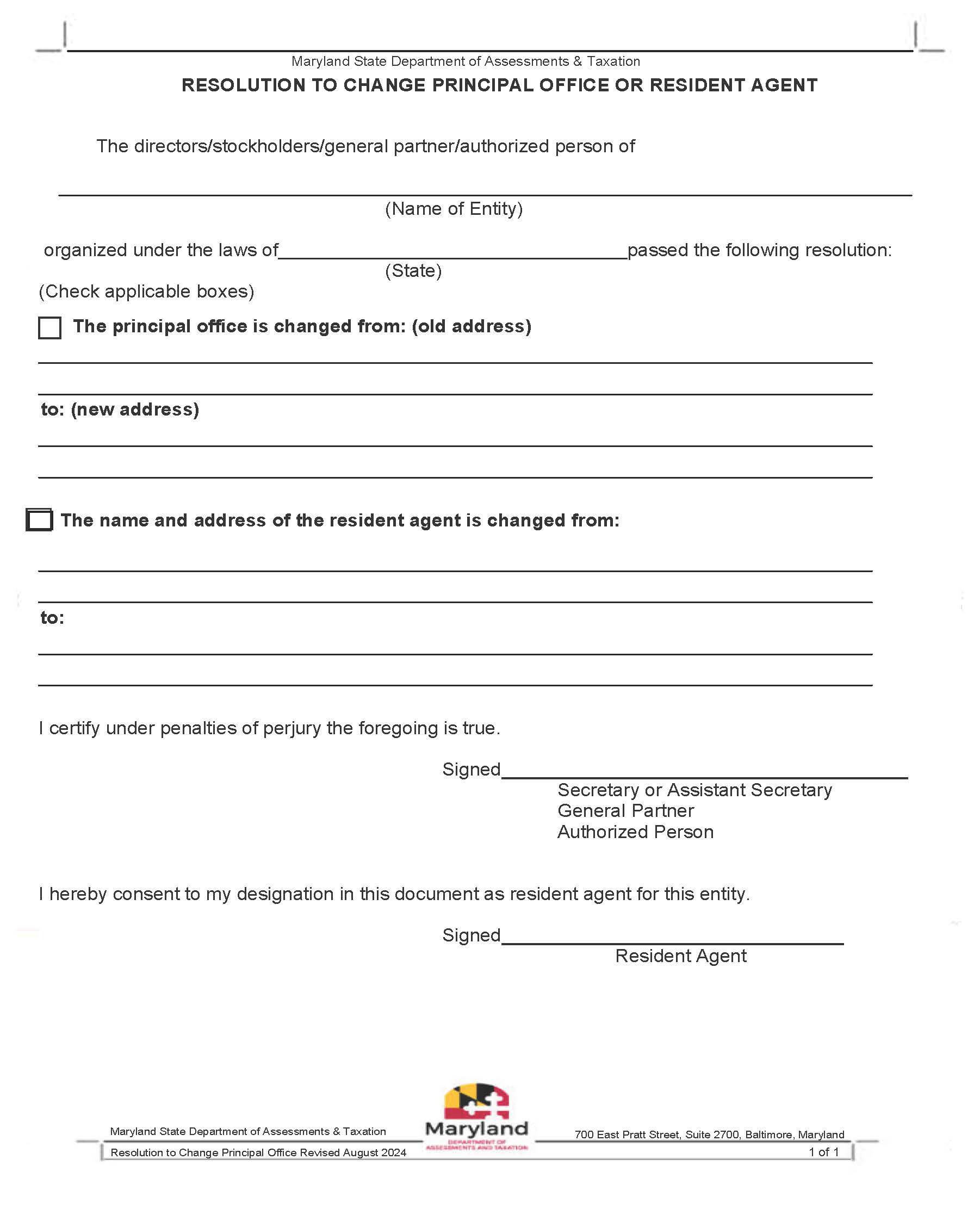 Resolution To Change Principal Office Or Resident Agent | Pdf Fpdf Docx | Maryland