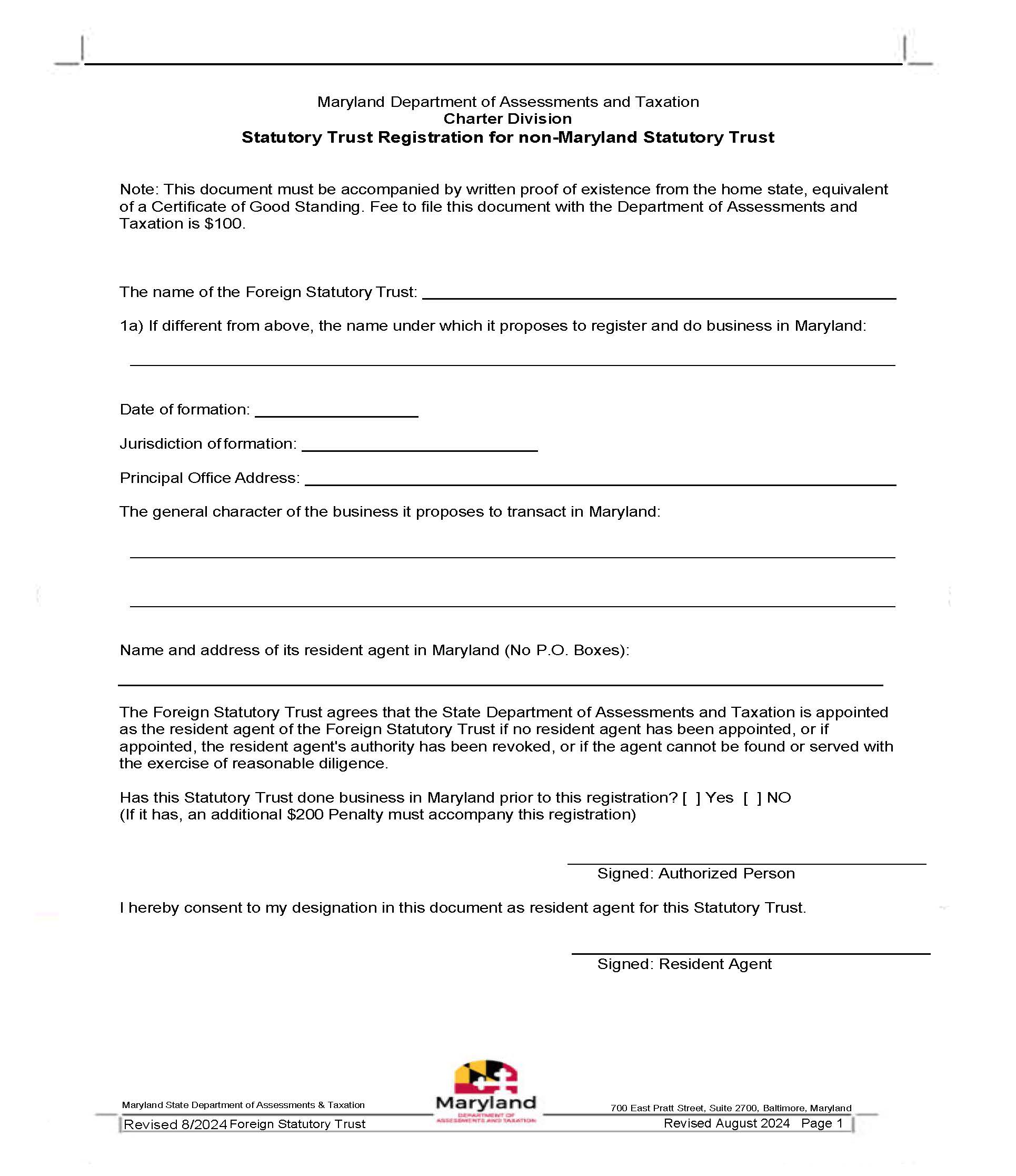 Statutory Trust Registration For Non Maryland Statutory Trust | Pdf Fpdf Docx | Maryland