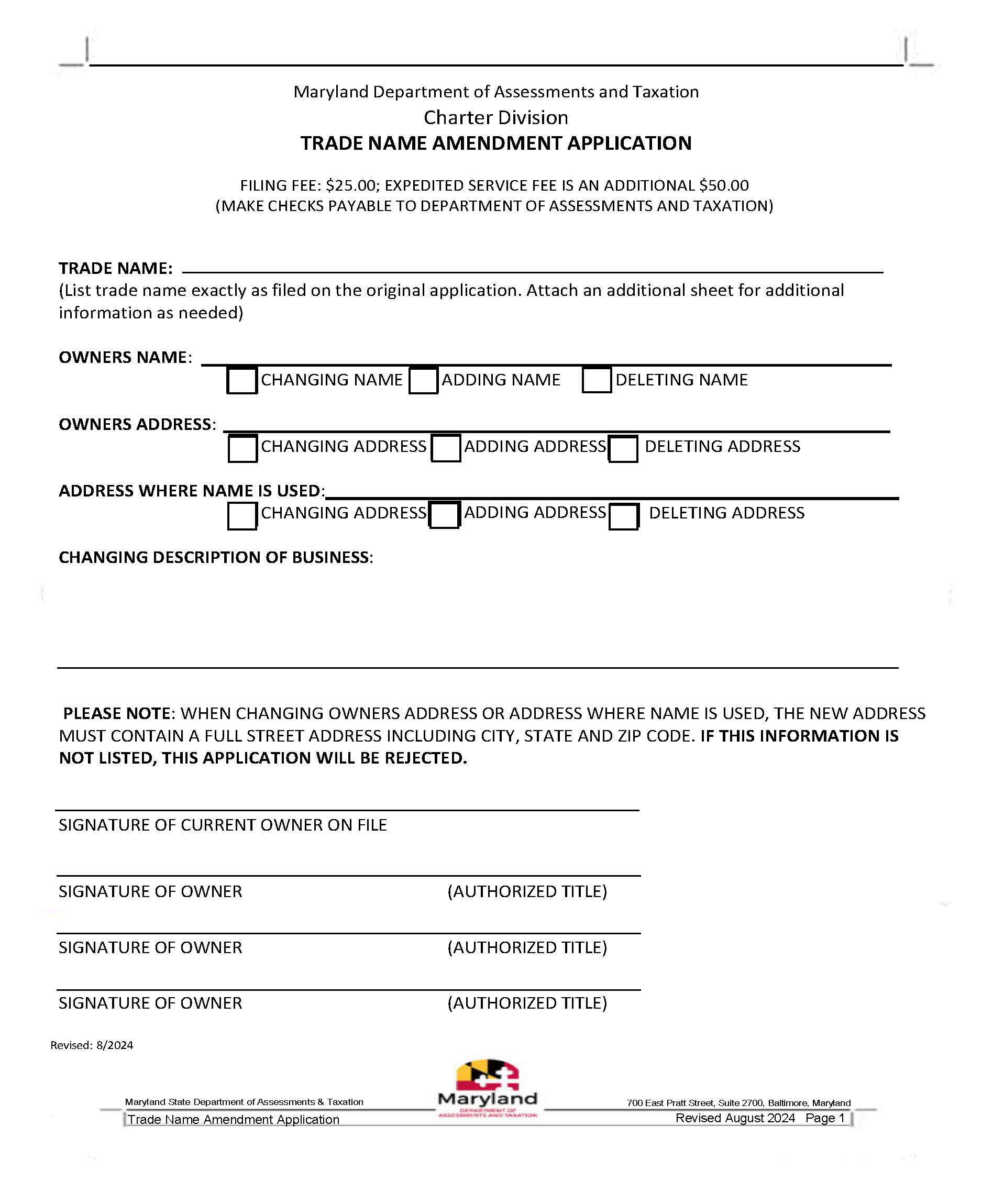 Trade Name Amendment Application | Pdf Fpdf Docx | Maryland