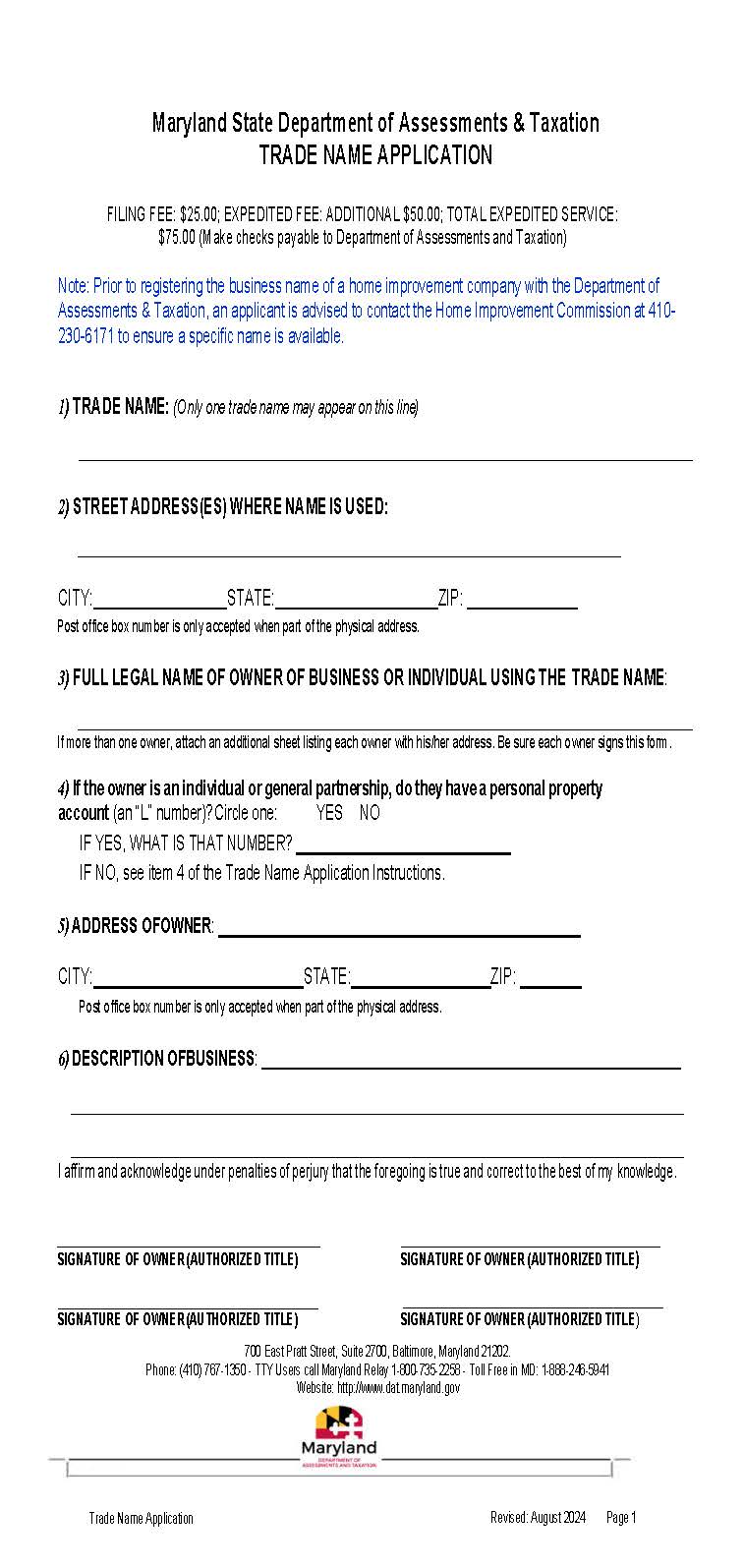 Trade Name Application | Pdf Fpdf Docx | Maryland