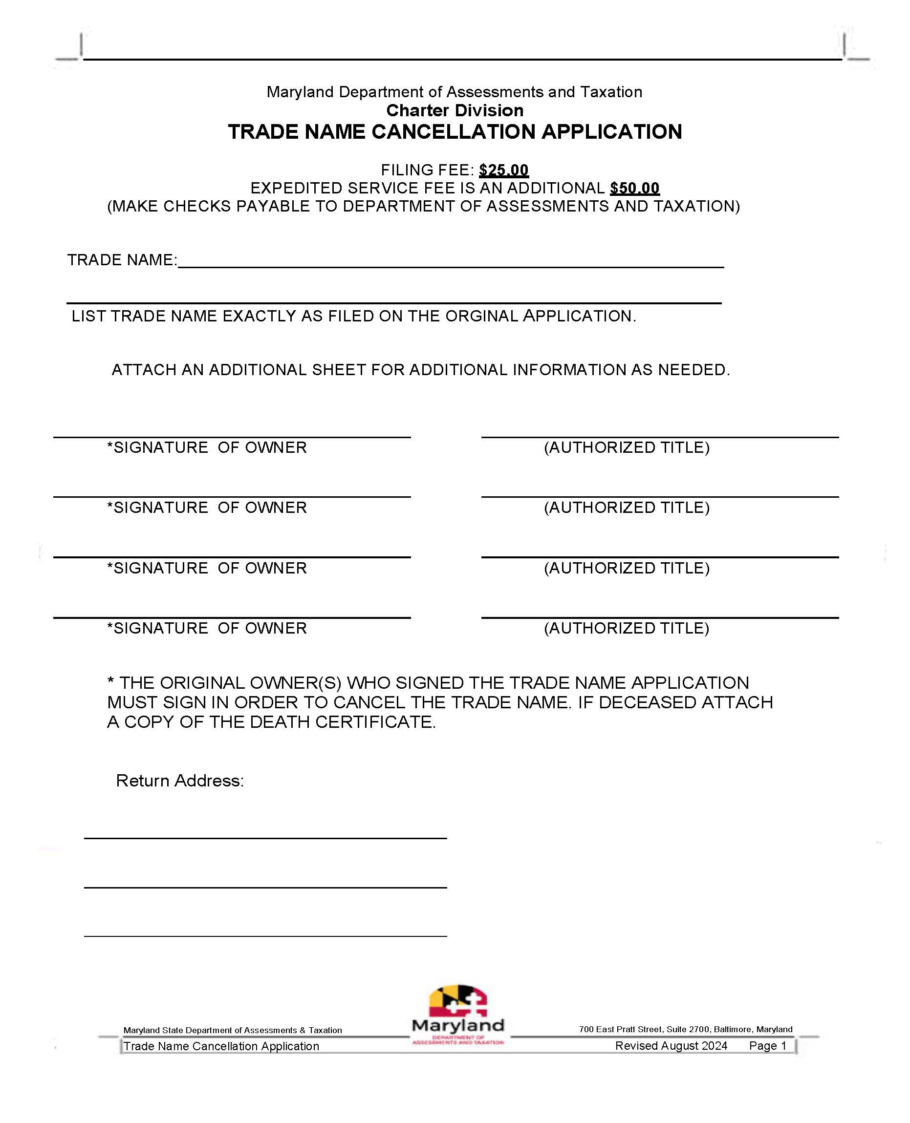 Trade Name Cancellation Application | Pdf Fpdf Docx | Maryland