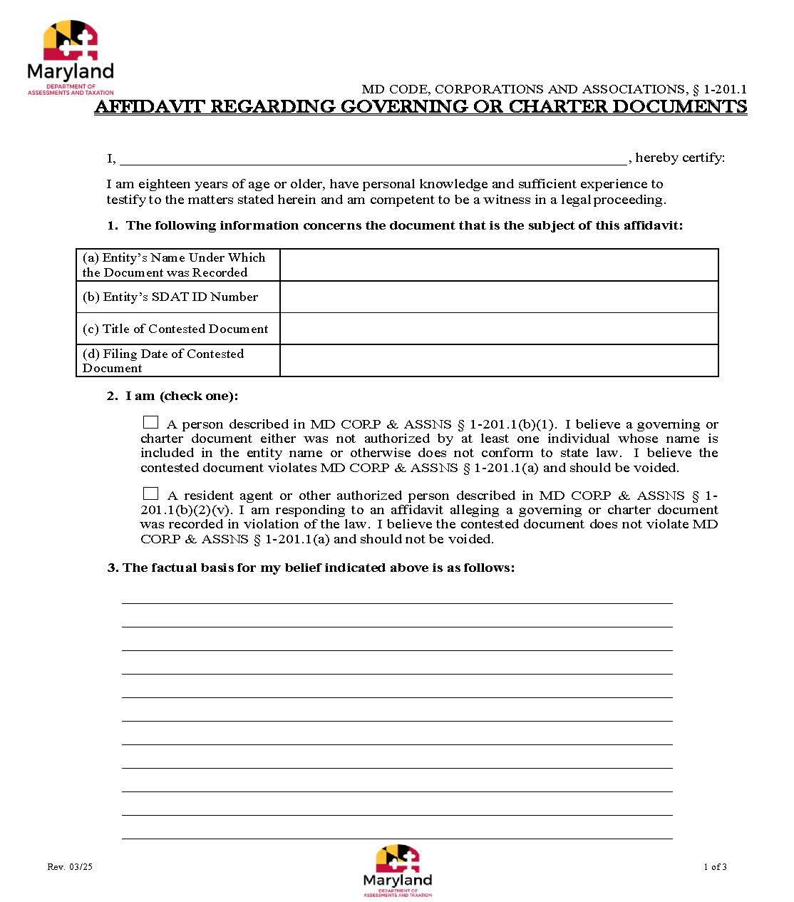 Affidavit Regarding Recorded Governing Or Charter Document | Pdf Fpdf Docx | Maryland