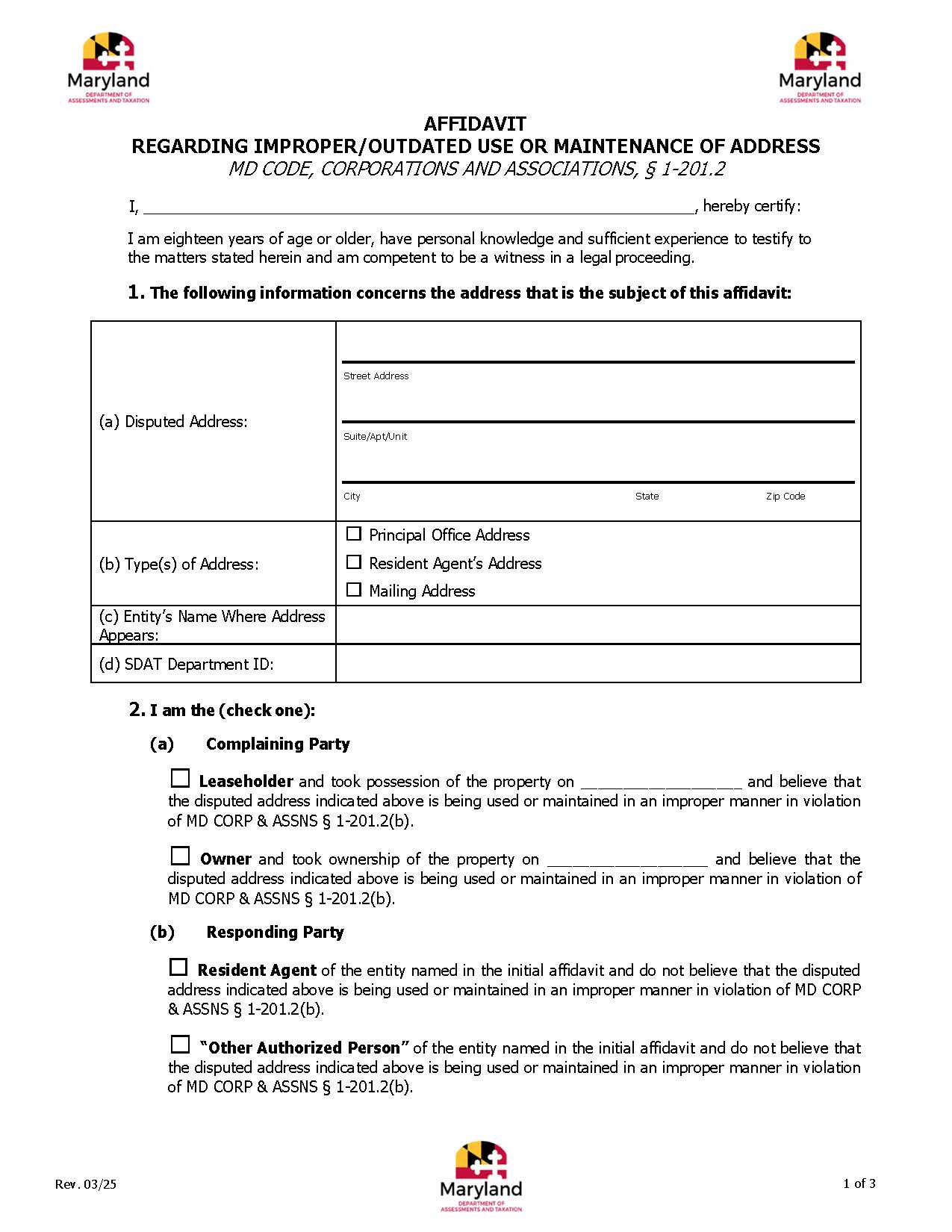 Affidavit Regarding Use Or Maintenance Of Improper Or Outdated Addresses | Pdf Fpdf Docx | Maryland