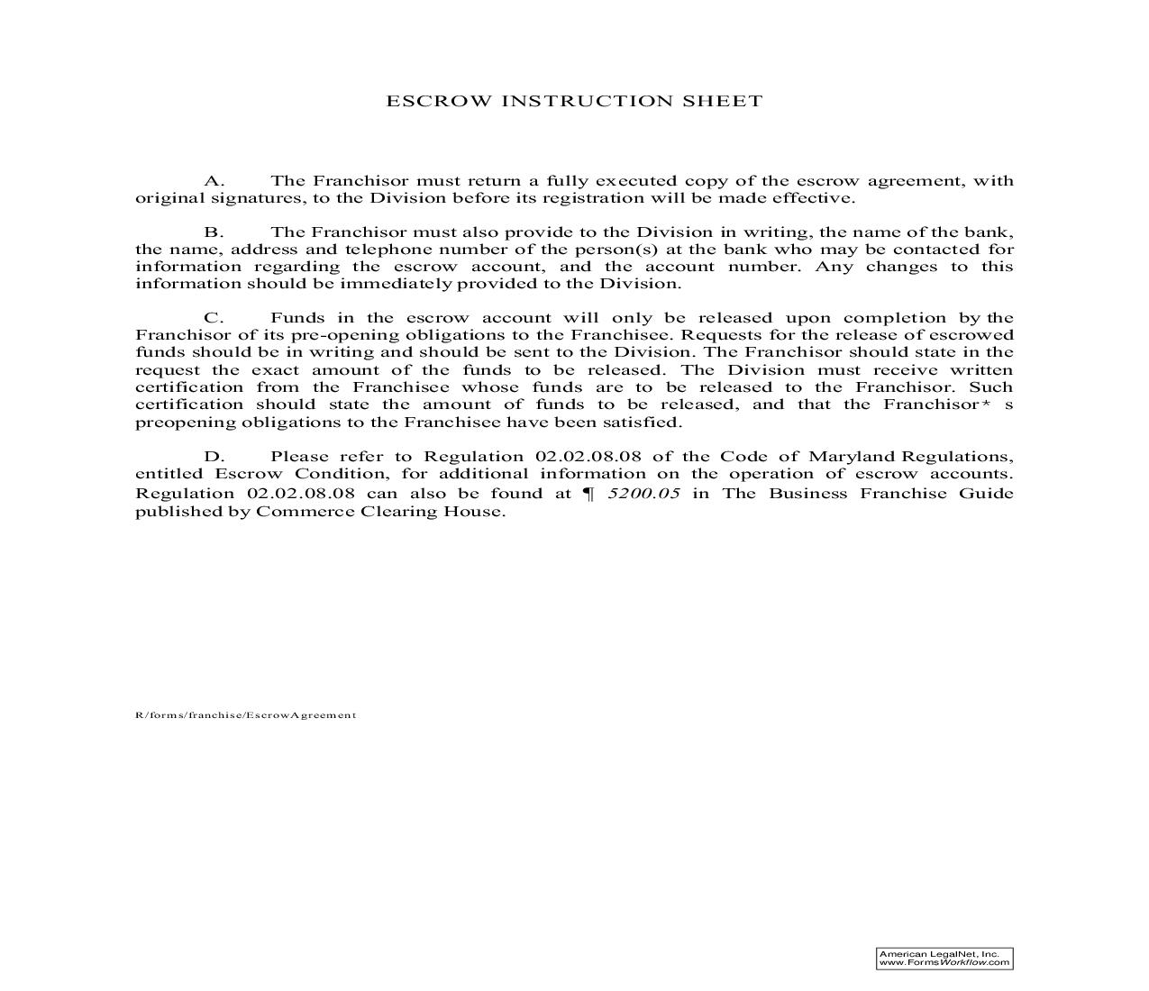 Escrow Agreement With Instructions | Pdf Fpdf Doc Docx | Maryland