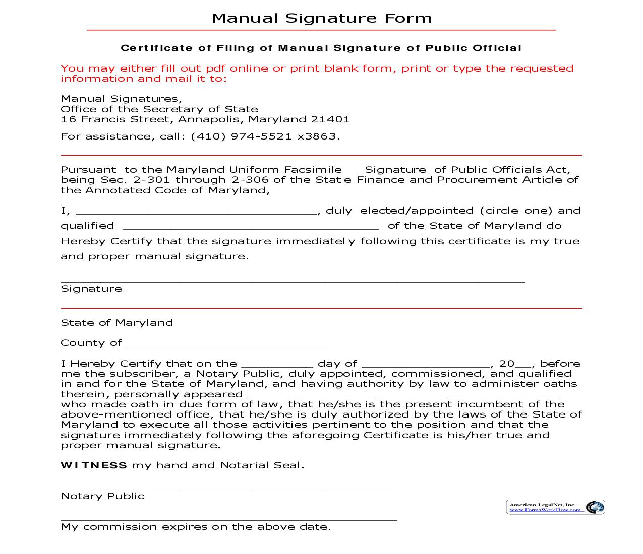 Manual Signature Form | Pdf Fpdf Doc Docx | Maryland