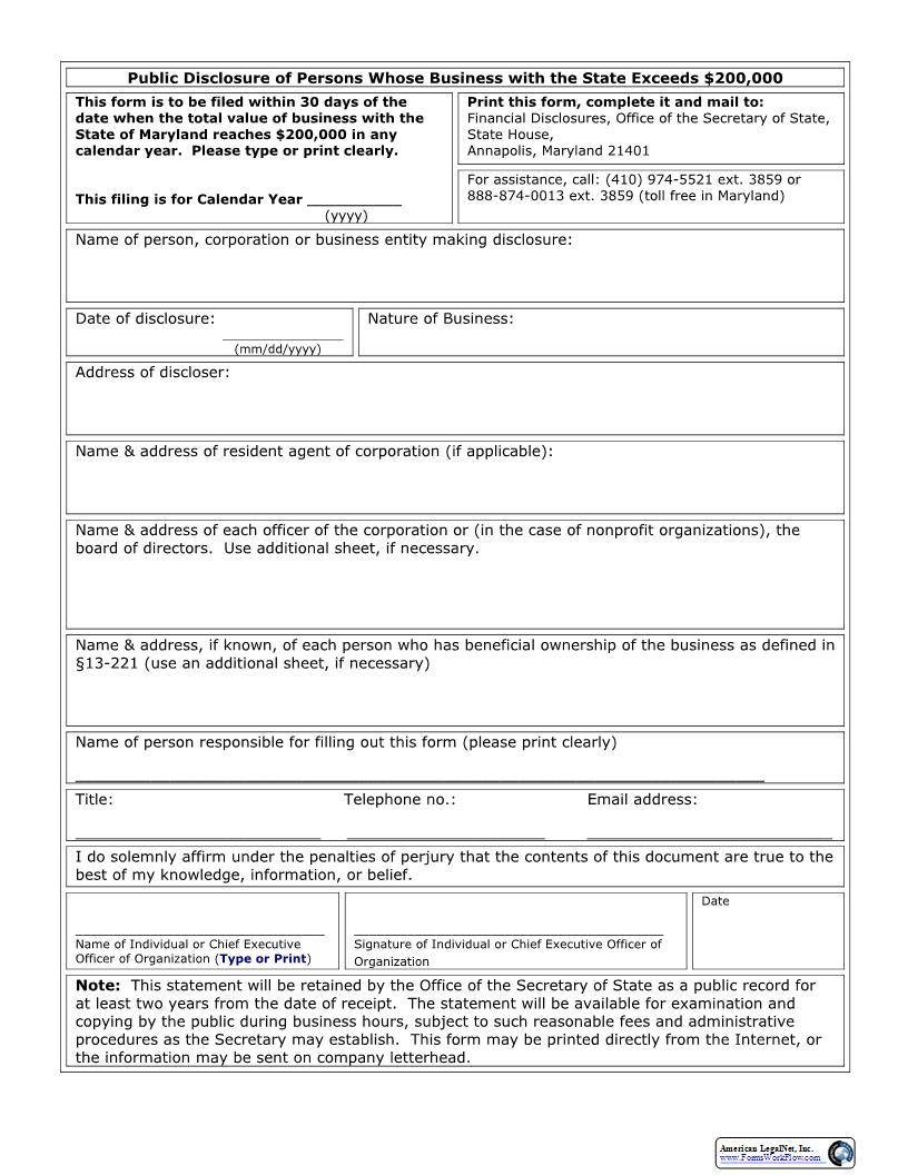 Public Disclosure Business Exceeds $200,000 | Pdf Fpdf Docx | Maryland