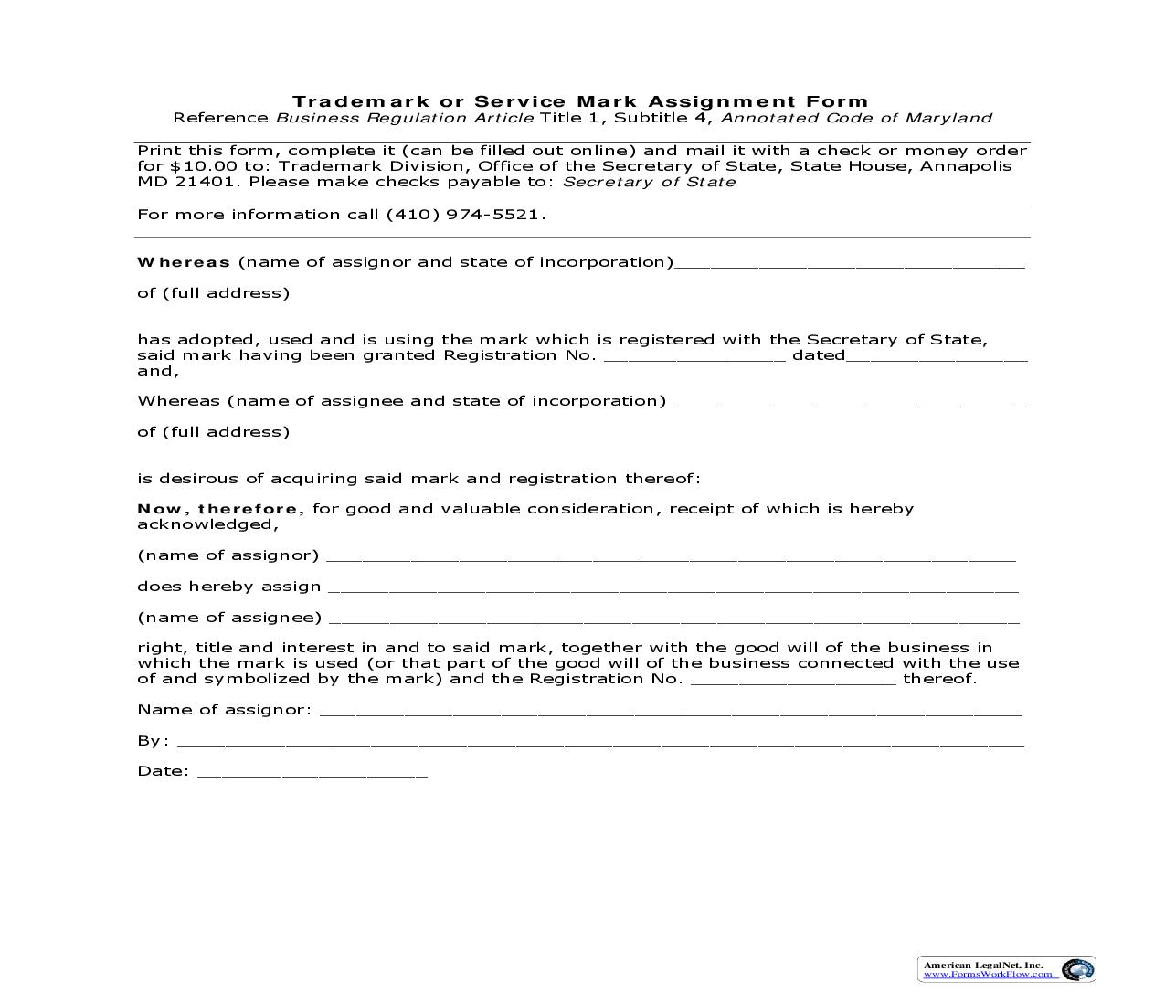 Trademark Or Service Mark Assignment Form | Pdf Fpdf Doc Docx | Maryland