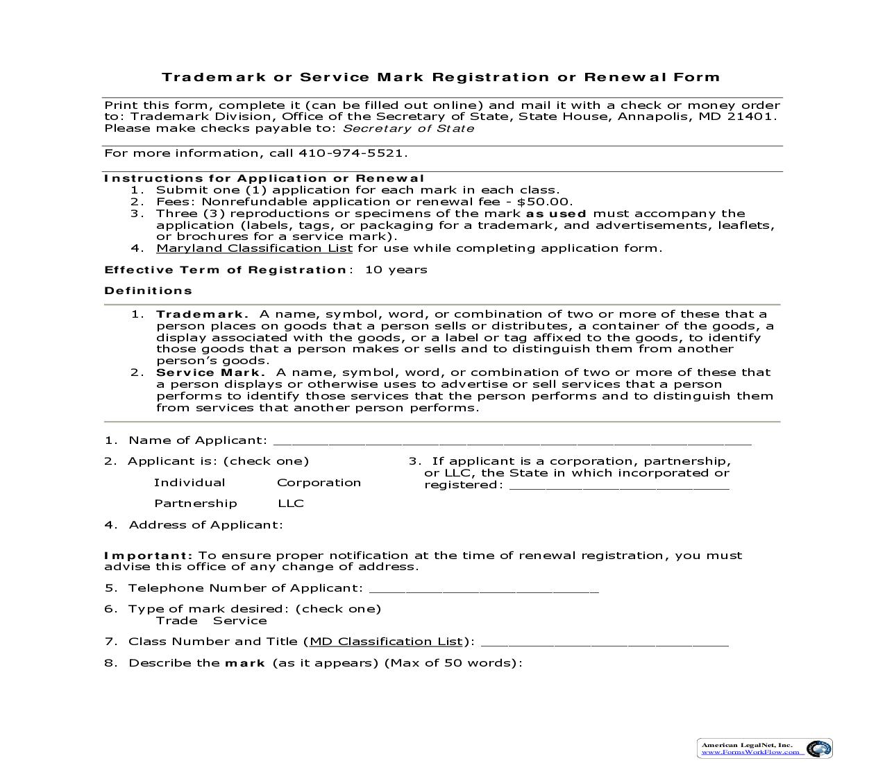 Trademark Or Service Mark Registration Or Renewal Form | Pdf Fpdf Doc Docx | Maryland