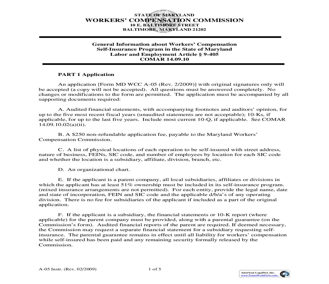 Application For Self-Insurance {A-05} | Pdf Fpdf Doc Docx | Maryland