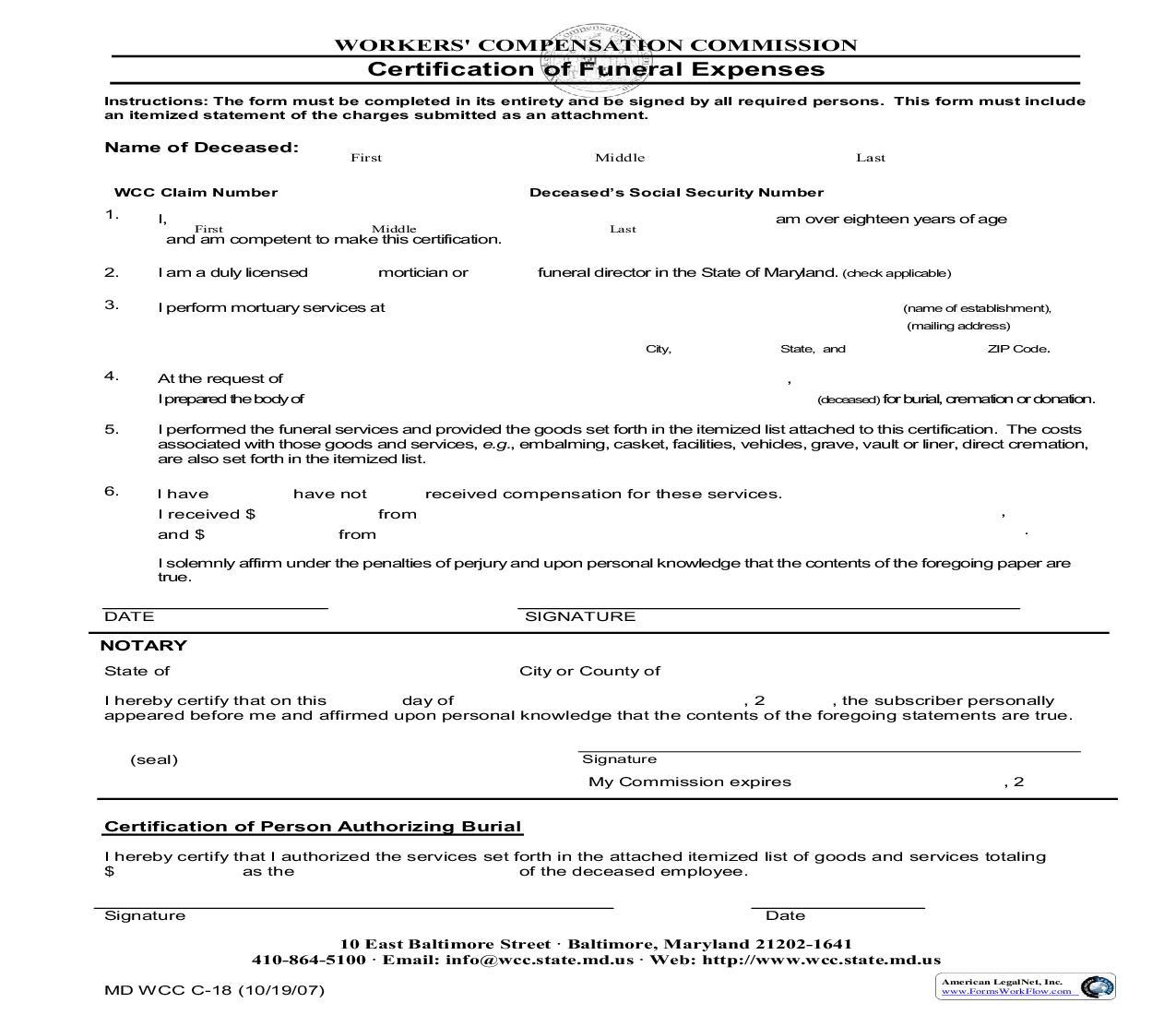 Certification Of Funeral Expenses {C-18} | Pdf Fpdf Doc Docx | Maryland