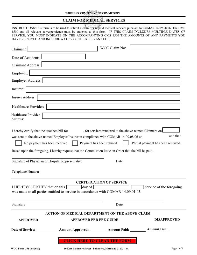 Claim For Medical Services {C-51} | Pdf Fpdf Doc Docx | Maryland