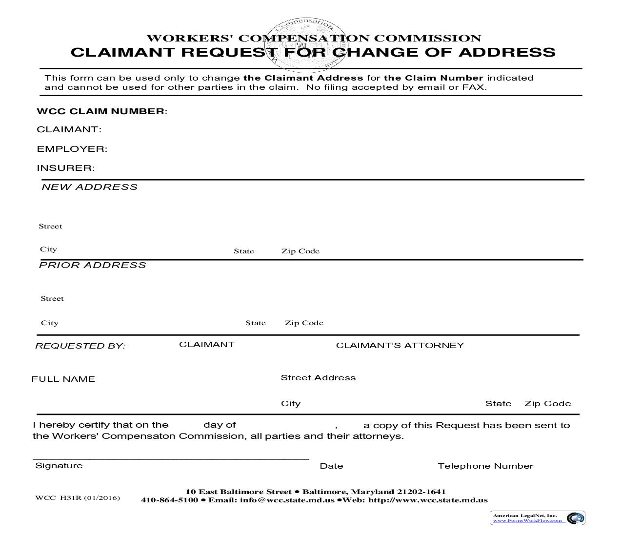 Claimant Request For Change Of Address {H31R} | Pdf Fpdf Doc Docx | Maryland