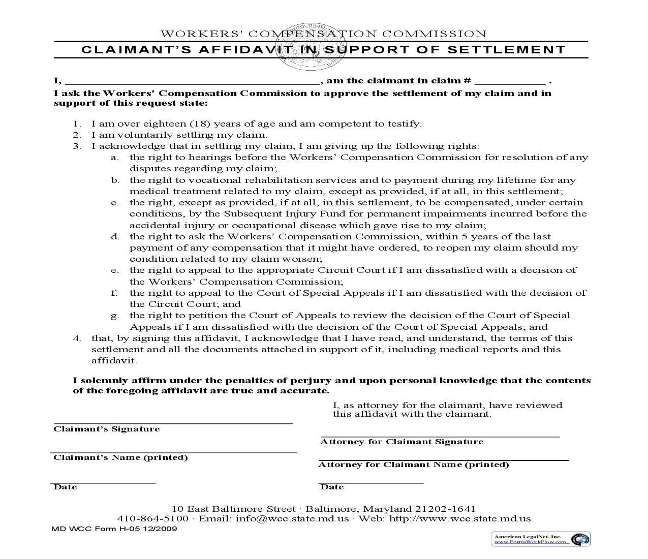 Claimants Affidavit In Support Of Settlement {H-05} | Pdf Fpdf Doc Docx | Maryland