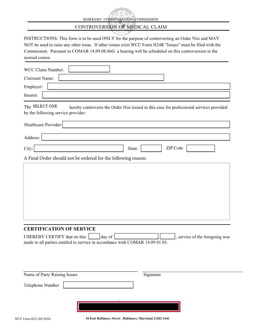 Controversion Of Medical Claim {H-32} | Pdf Fpdf Doc Docx | Maryland