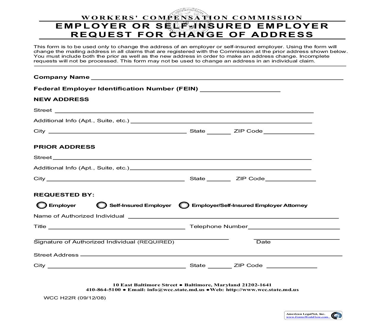 Employer Or Self-Insured Employer Request For Change Of Address {H22R} | Pdf Fpdf Doc Docx | Maryland