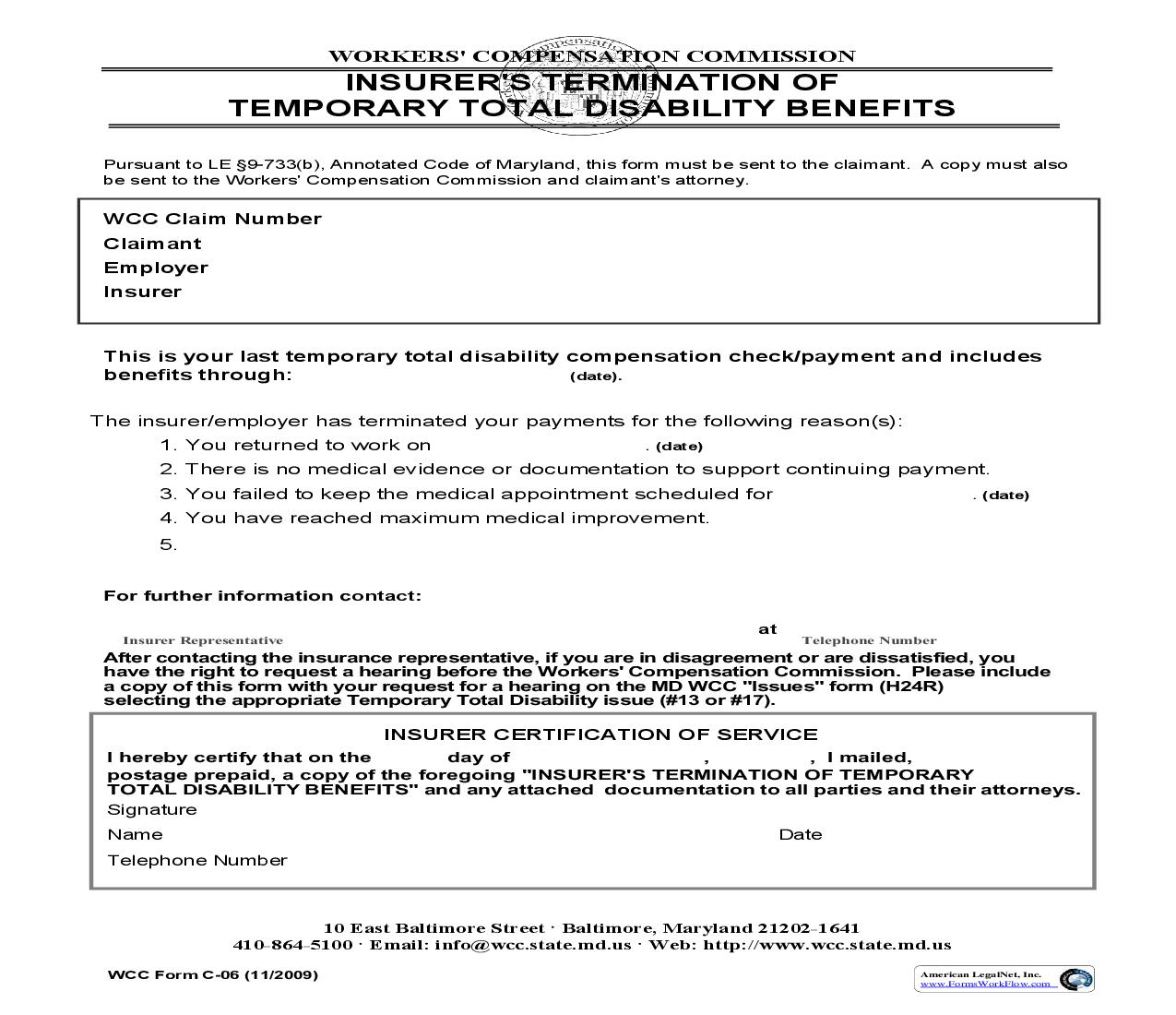 Insurers Termination Of Temporary Total Disability Benefits {C-06} | Pdf Fpdf Doc Docx | Maryland