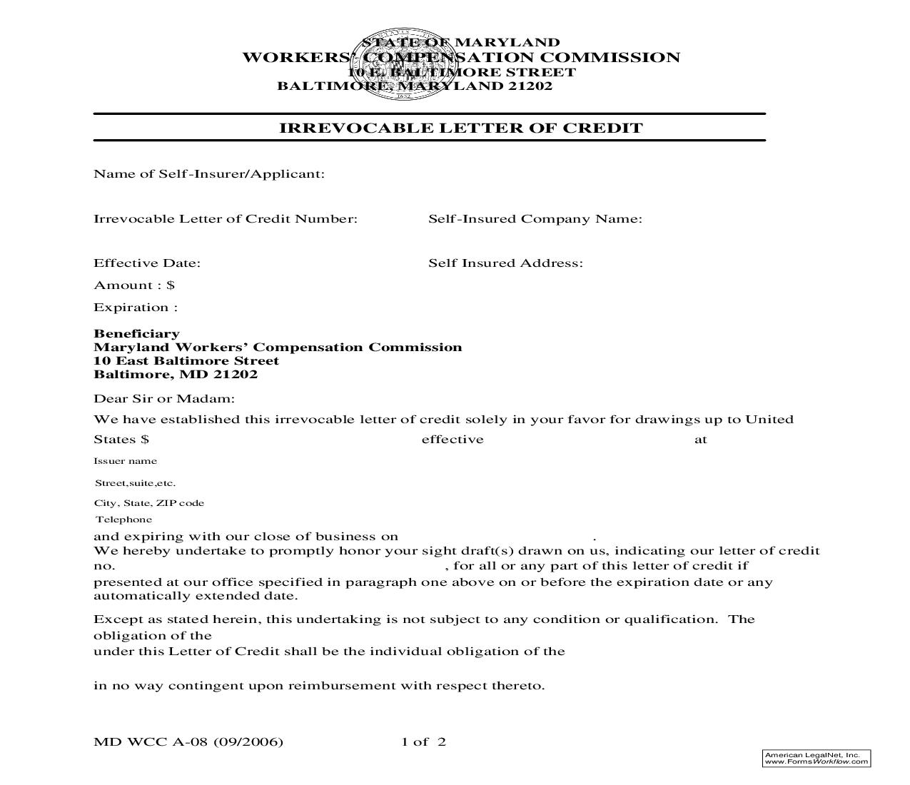 Irrevocable Letter Of Credit {A-08} | Pdf Fpdf Doc Docx | Maryland