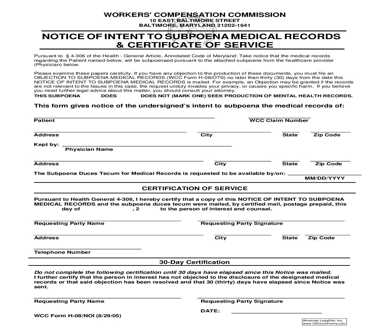 Notice Of Intent To Subpoena Medical Records And Certificate Of Service {H-08 NOI} | Pdf Fpdf Doc Docx | Maryland
