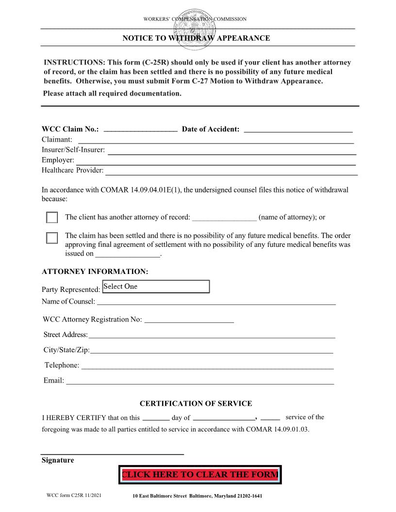Notice To Withdraw Appearance {C25R} | Pdf Fpdf Docx | Maryland
