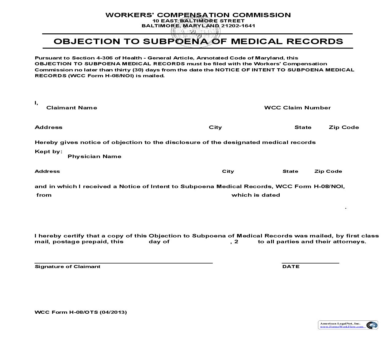 Objection To Subpoena Of Medical Records {H-08 OTS} | Pdf Fpdf Doc Docx | Maryland