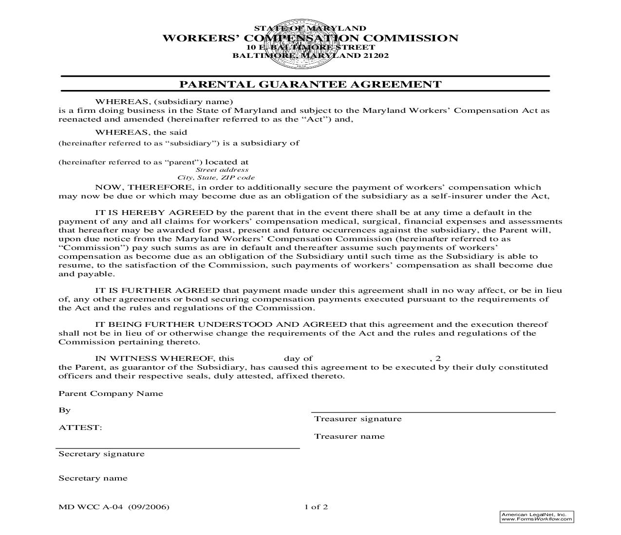 Parental Guarantee Agreement {A-04} | Pdf Fpdf Doc Docx | Maryland