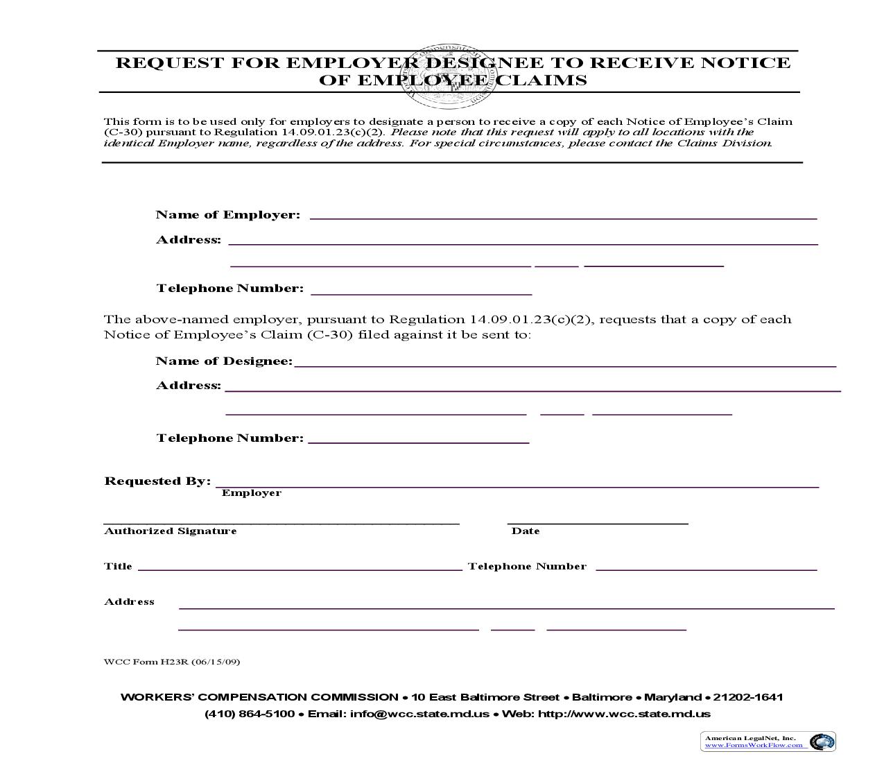 Request For Employer Designee To Receive Notice Of Employee Claims {H23R} | Pdf Fpdf Doc Docx | Maryland