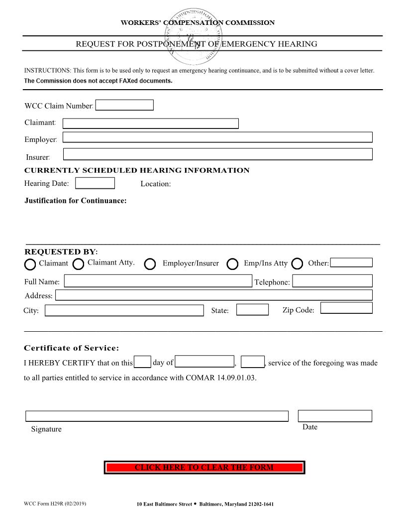 Request For Postponement Of Emergency Hearing {H29R} | Pdf Fpdf Doc Docx | Maryland