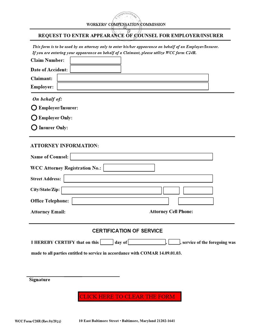 Request To Enter Appearance Of Counsel For Employer Or Insurer {C26R} | Pdf Fpdf Docx | Maryland