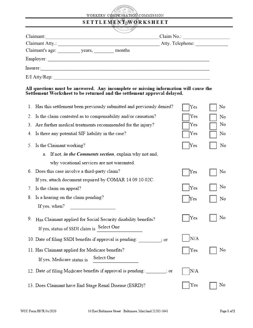 Settlement Worksheet {H-07R} | Pdf Fpdf Doc Docx | Maryland