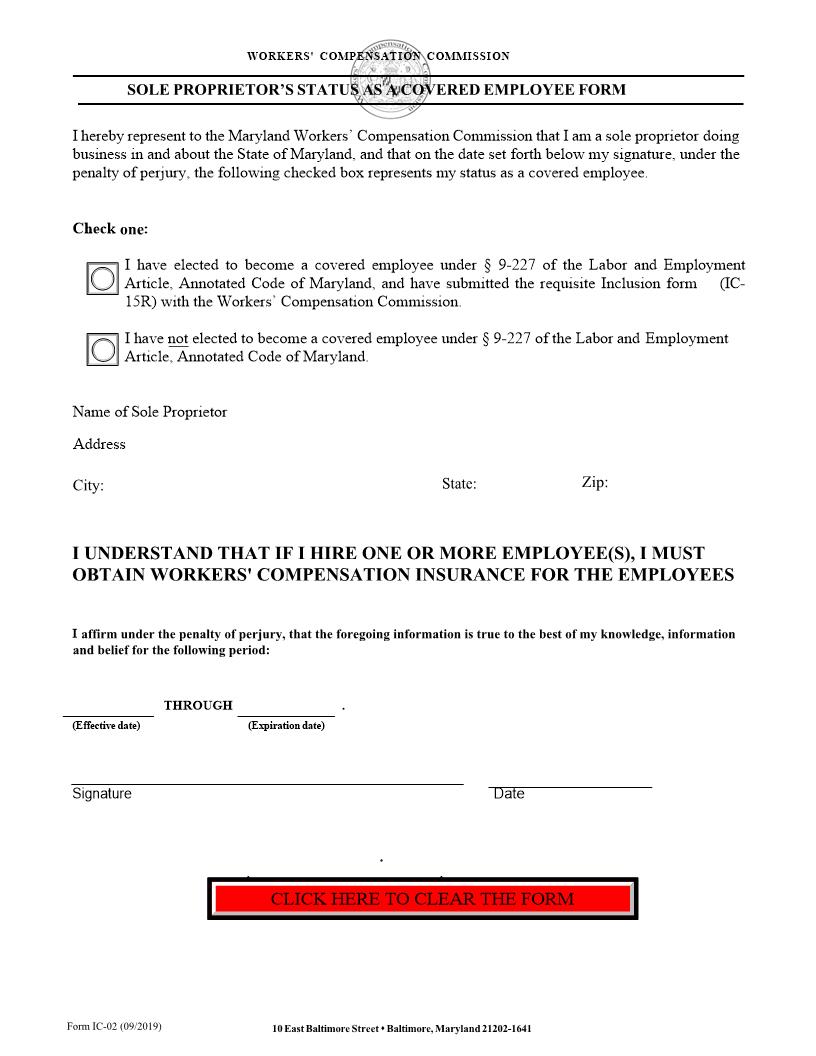 Sole Proprietors Status As Covered Employee Form | Pdf Fpdf Doc Docx | Maryland
